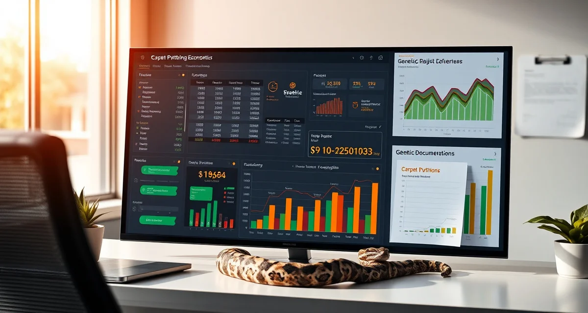 Carpet Python Breeding Economics Dashboard Financial tracking dashboard for carpet python breeding projects showing cost structure, revenue modeling, and per-clutch profitability analysis.