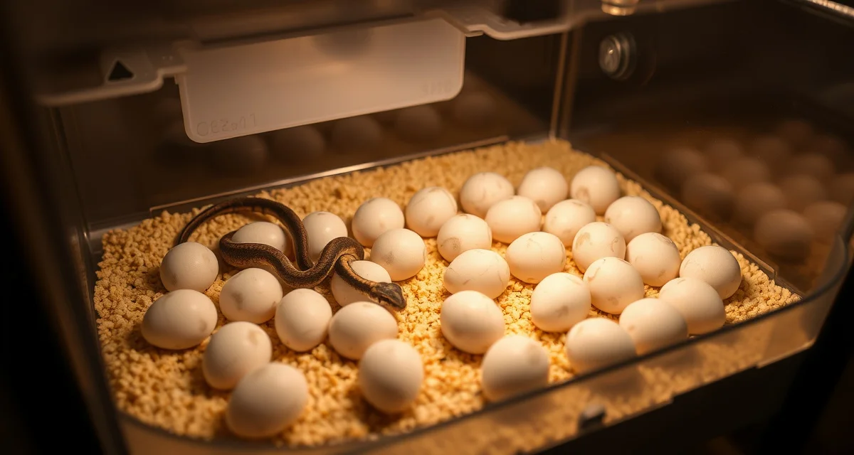 Professional carpet python breeding incubation setup Carpet python eggs properly arranged in an artificial incubator with temperature monitoring equipment and substrate for optimal egg incubation conditions.