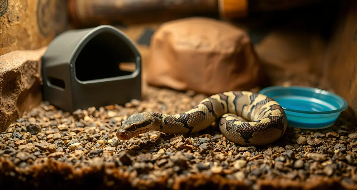 Professional hatchling care enclosure setup Carpet python hatchling in properly equipped enclosure with hide box, heating mat, and water dish for optimal neonatal care.