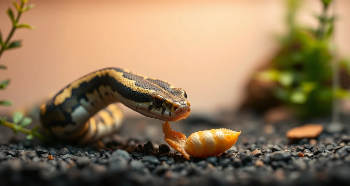 Young carpet python hatchling eating frozen-thawed prey Carpet python hatchling demonstrating feeding response during initial prey introduction in breeder setup