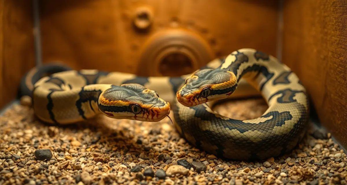 Carpet Python Breeding Pair Introduction Two carpet pythons during supervised pairing introduction for breeding, showing careful animal management in a reptile hatchery setting.