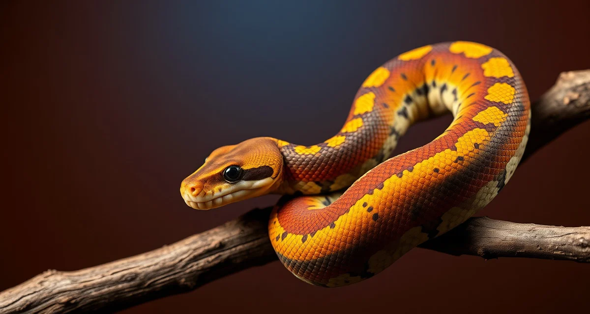 Carpet python thermal cycling for captive breeding Carpet python on branch showing seasonal cycling requirements for breeding with temperature and photoperiod management.