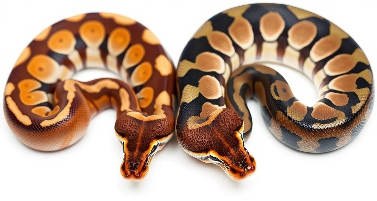Ball Python Cinnamon and Black Pastel Morph Comparison Cinnamon and black pastel ball python morphs displayed side by side showing co-dominant genetic traits and coloration differences