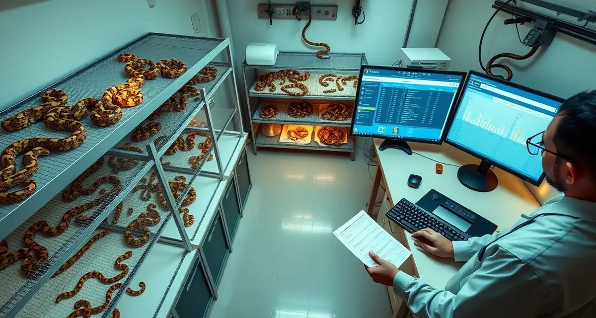 Professional reptile breeding operation management Commercial ball python breeding facility showing organized enclosures and digital inventory management system for large-scale hatchery operations.