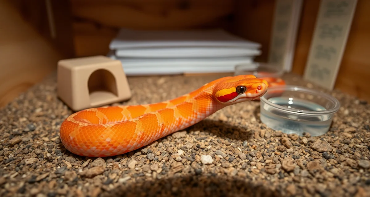 Professional corn snake hatchling breeding enclosure setup Corn snake hatchling in properly set up breeding enclosure with hide and water dish for optimal hatchling care