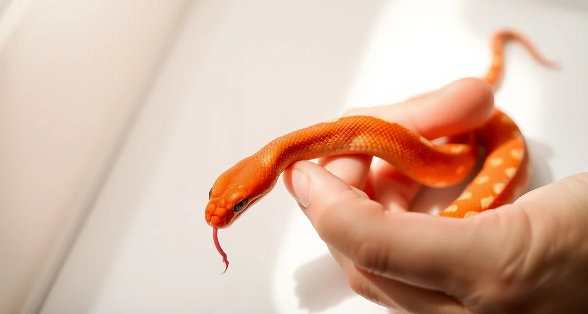 Proper corn snake hatchling feeding technique Corn snake hatchling being fed a pinky mouse during first feeding protocol in controlled breeding environment.