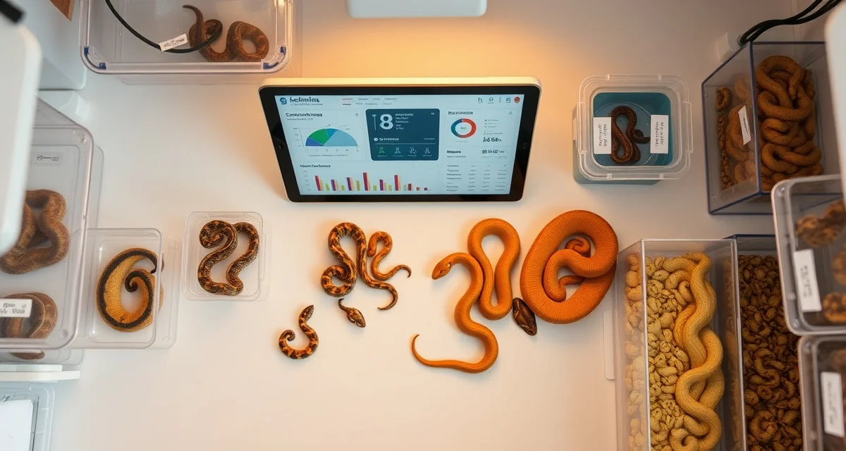 Reptile hatchery inventory tracking setup Organized corn snake hatchling inventory system showing labeled enclosures, feeding records, and digital breeding management software for reptile breeders.