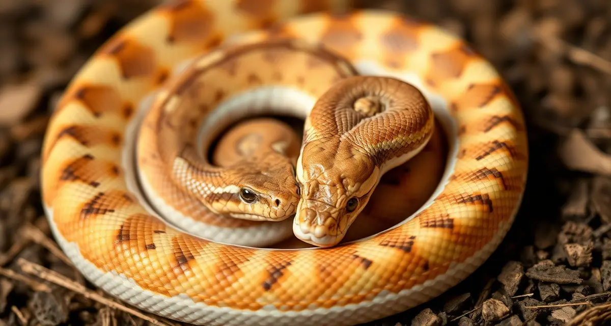 Corn snake breeding pair introduction technique Two corn snakes during pairing introduction process showing cooperative breeding behavior on natural substrate