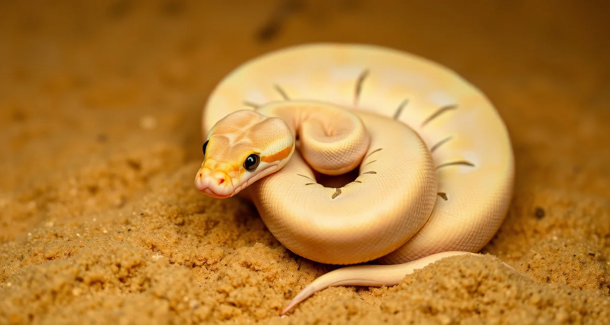 Desert Ghost Ball Python Genetics & Breeding Desert Ghost ball python displaying pale coloration with vibrant yellow and orange undertones, showing the hypomelanistic mutation's characteristic reduced dark pigmentation.