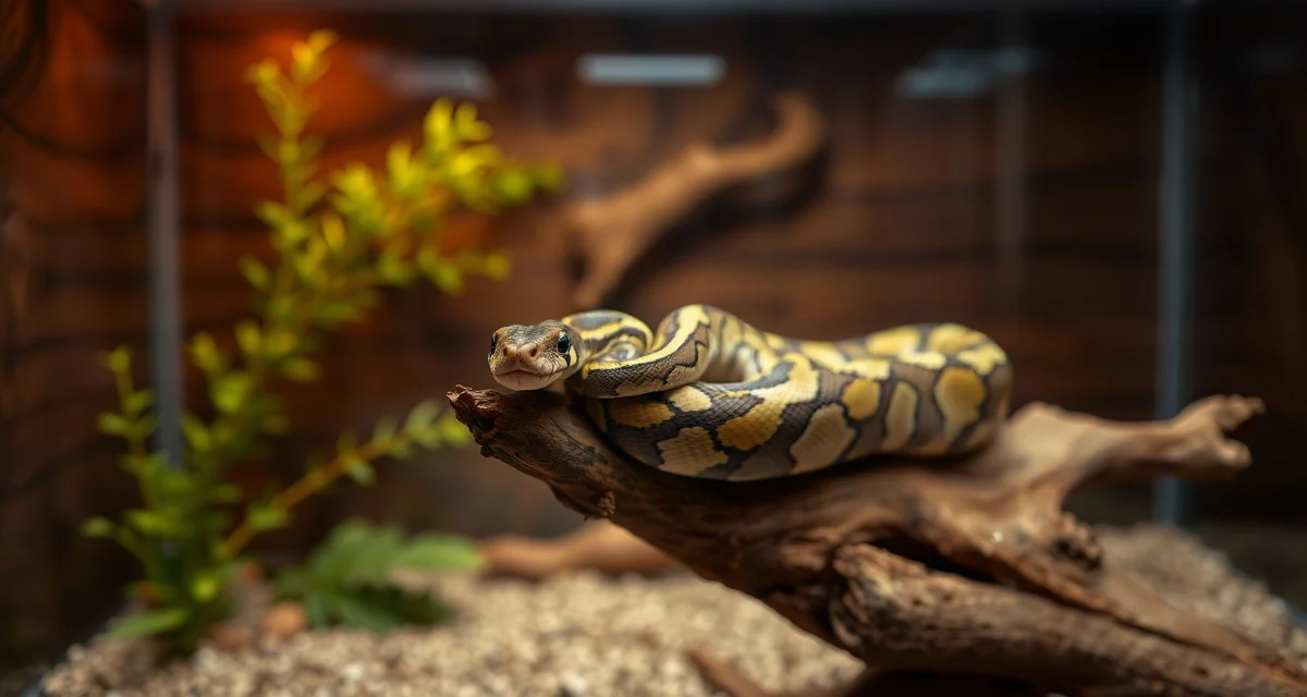 Responsible ball python breeding and animal care Healthy ball python on natural branch demonstrating proper ethical breeding care standards and genetic health practices