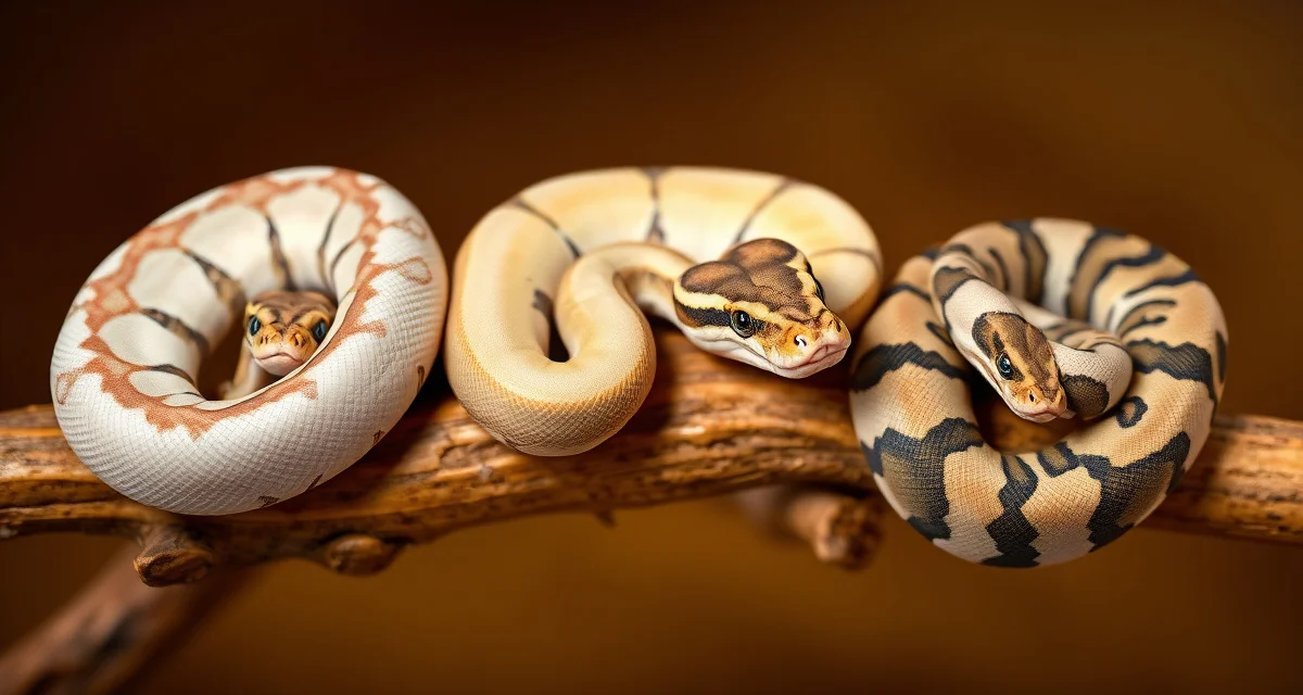Top ball python morphs that sell quickly Three colorful ball python morphs displaying Blue-Eyed Leucistic, Banana, and Piebald patterns - the fastest-selling morphs on MorphMarket