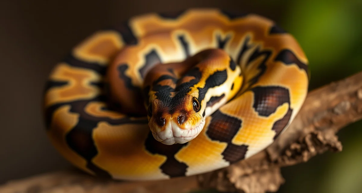 Premium GHI pastel ball python specimen GHI pastel ball python displaying contrasting dark patterning and bright yellow coloration from genetic combination.