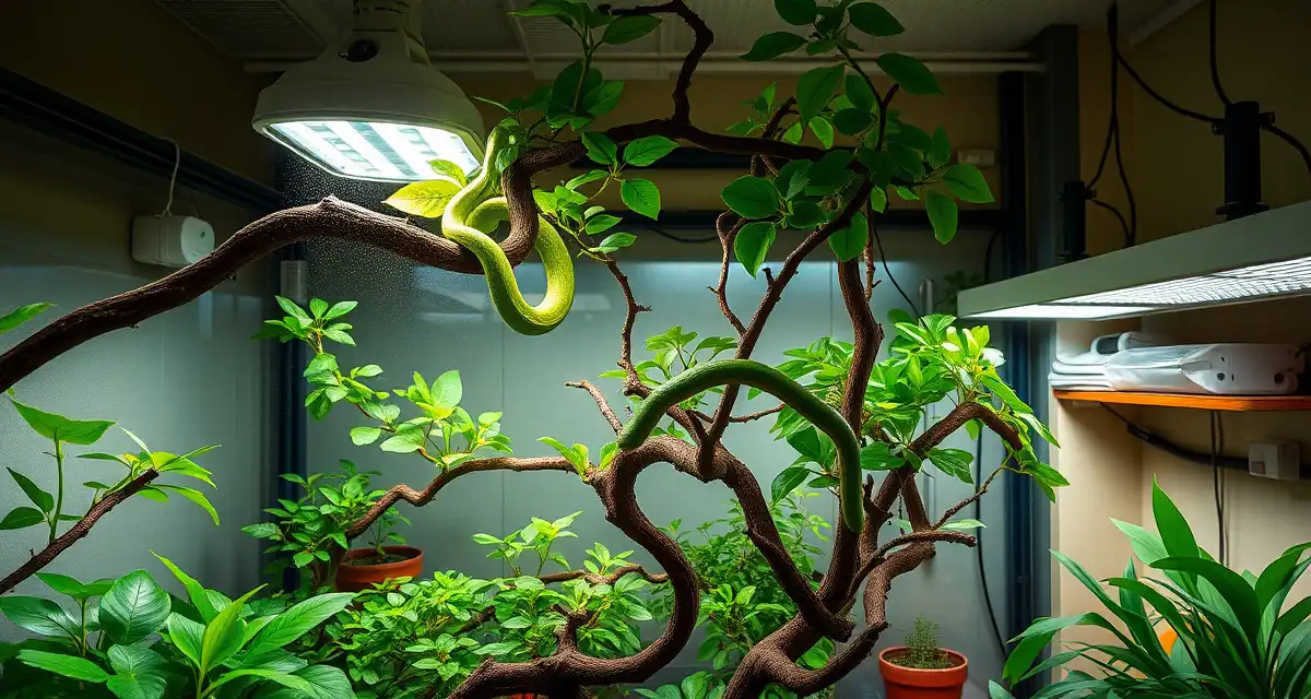 GTP breeding room with complete environmental control systems Professional green tree python breeder enclosure with proper heating, humidity systems, and arboreal branch setup for optimal breeding performance.