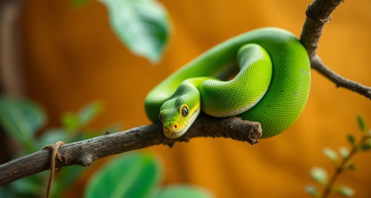 Green tree python breeding care reference Green tree python coiled on branch showing characteristic body posture and coloration for breeding assessment