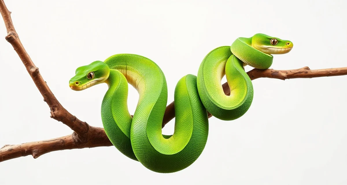 GTP breeding pair introduction setup Two healthy green tree pythons positioned on branches demonstrating proper pairing setup for successful breeding introduction.