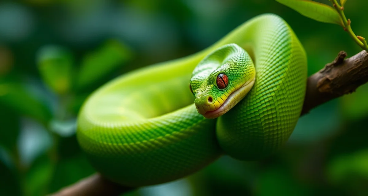 GTP breeding season care and timing Green tree python coiled on branch during breeding season, showing characteristic emerald coloration and alert posture