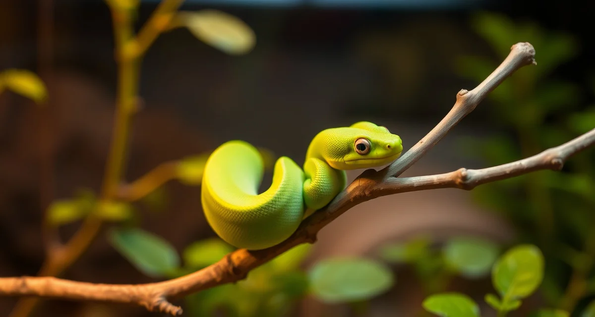 GTP hatchling in naturalistic care setup Newly hatched green tree python hatchling coiled on branch in properly set up neonatal enclosure with live plants and controlled humidity
