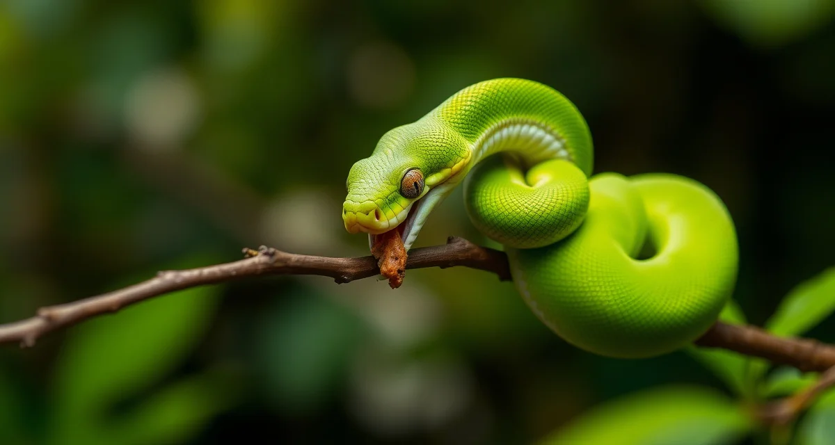 GTP hatchling feeding demonstration Young green tree python hatchling preparing to eat small prey on branch, demonstrating proper feeding technique for captive-bred reptiles