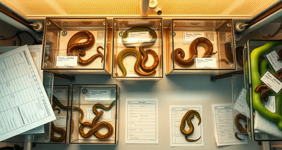 Professional hatchery inventory tracking setup Organized green tree python hatchling inventory system with individual enclosures, ID labels, and feeding records for breeding management.