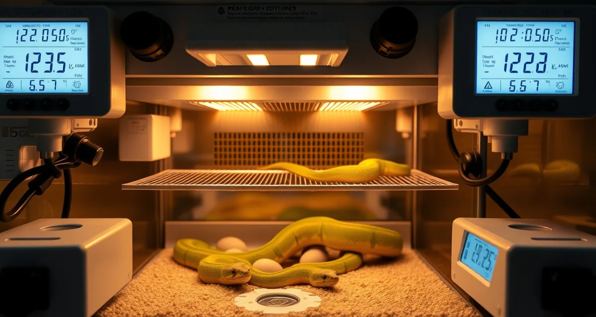 Professional reptile incubation setup for green tree pythons Green tree python eggs in professional incubator with temperature and humidity monitoring equipment for optimal breeding parameters