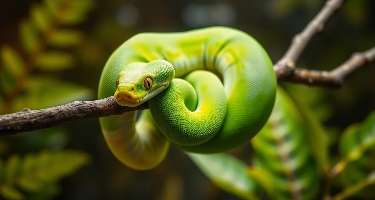 Green tree python pricing and selling guide for breeders Vibrant green tree python coiled on branch, premium breeding specimen with documented locale and lineage for reptile market pricing.