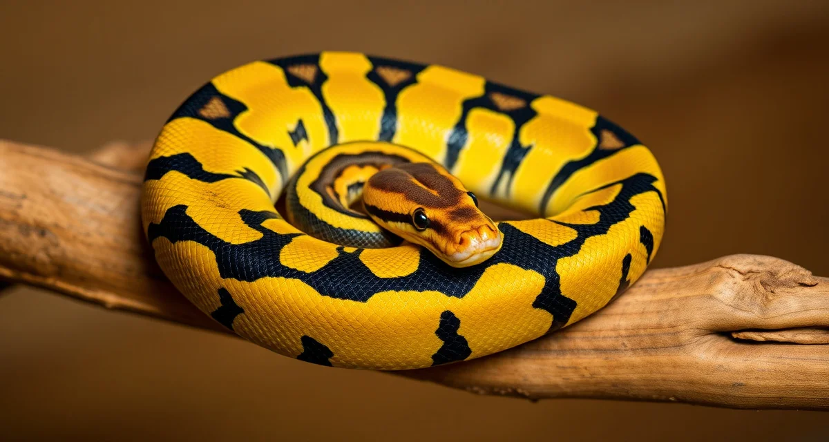 Killer Bee ball python genetics and appearance Yellow and black Killer Bee ball python morph displaying super pastel and spider genetics with striking pattern reduction