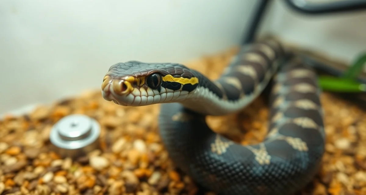 Professional kingsnake breeding setup Kingsnake in breeding enclosure showing proper setup for managing common breeding issues and cannibalistic aggression during pairing introductions.
