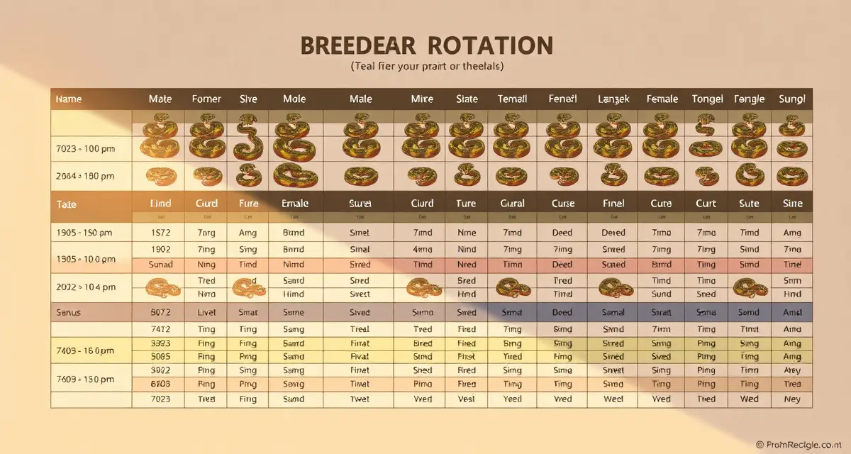 Ball Python Multi-Male Breeding Rotation Management Organized breeding rotation system for managing multiple male ball pythons with females, color-coded pairing schedule and breeding cycles.