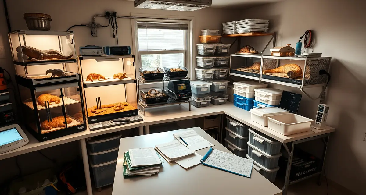 Professional multi-species reptile hatchery organization Organized reptile breeding collection management system showing multiple species enclosures and detailed record-keeping documentation.