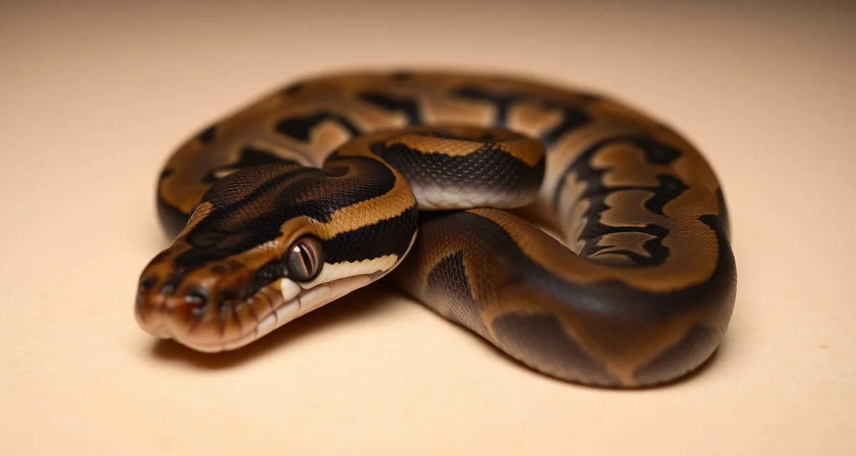 Mystic morph Ball Python close-up showing eye coloration Mystic Ball Python morph displaying characteristic purple-tinted BEL eyes and dark coloration pattern unique to this genetic variant.