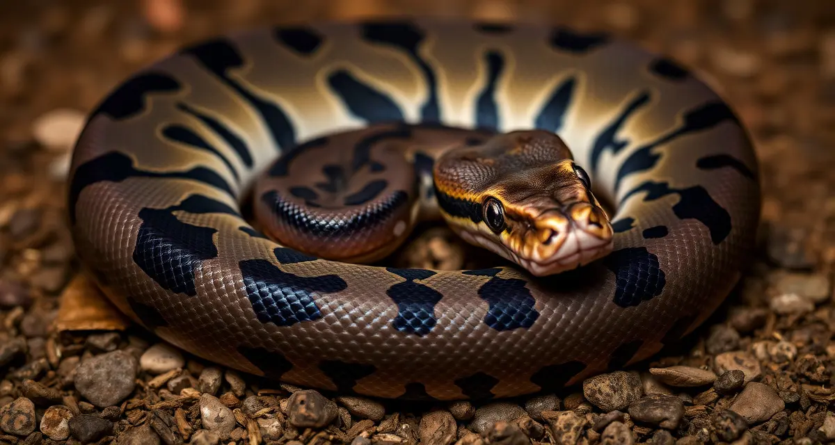 Phantom morph ball python visual characteristics Phantom ball python displaying blue eyes and dark pattern coloration characteristic of the BEL-complex morph used in breeding programs.