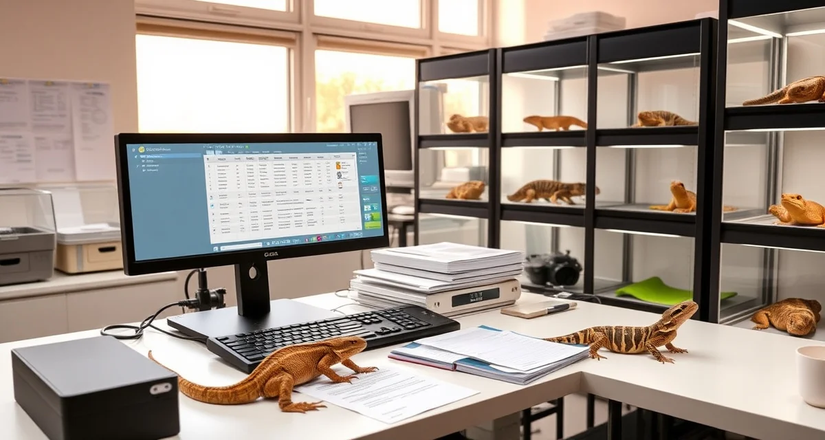 HatchLedger breeding management platform Reptile breeder using specialized record keeping software on computer to manage hatchery breeding data and animal records