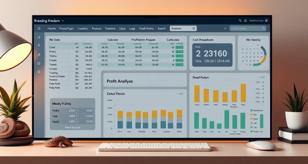 Breeding program profit analysis dashboard Financial tracking dashboard for reptile breeding programs showing revenue and expense categories with profitability analysis.