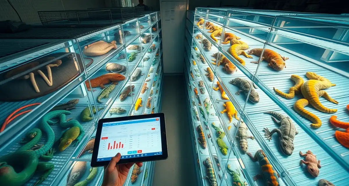 Professional reptile inventory organization Organized reptile breeding collection with inventory management system tracking animals in clear enclosures