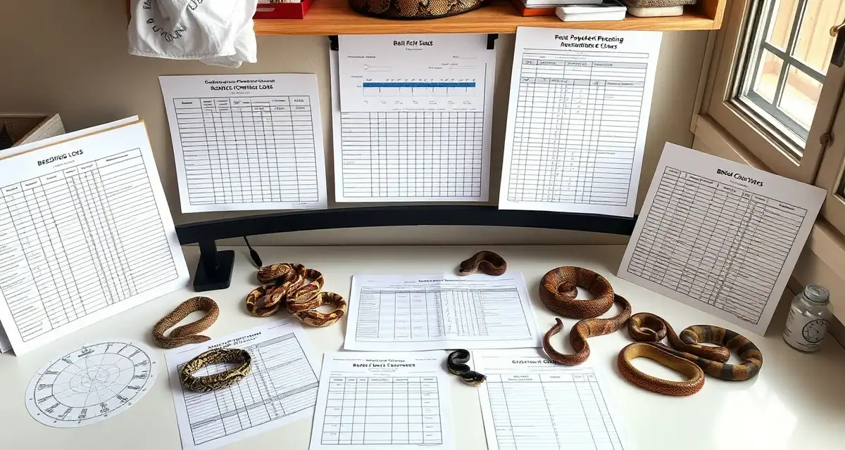Multi-species reptile hatchery record-keeping documentation Organized reptile breeding records and documentation systems for multiple species including ball pythons, blood pythons, and boa constrictors.