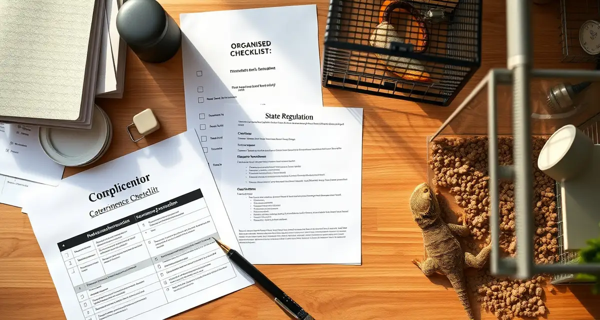 Understanding reptile breeding regulations by state Reptile breeder reviewing state regulations documentation with compliant breeding enclosures in background