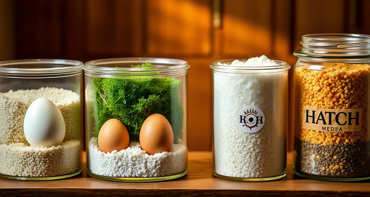 Types of incubation substrates for reptile breeding Comparison of reptile egg incubation substrates including vermiculite, perlite, sphagnum moss and HATCH media in clear containers.