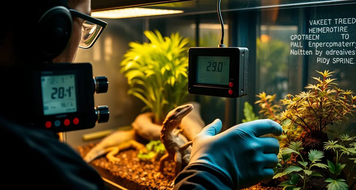 Professional enclosure environment monitoring for reptile breeding Reptile breeder checking enclosure environment tracking data with digital thermometer and humidity monitor on professional terrarium setup