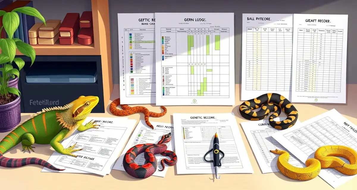 Genetics documentation for reptile breeding programs Organized reptile genetics records and pedigree charts for breeding documentation and lineage tracking.