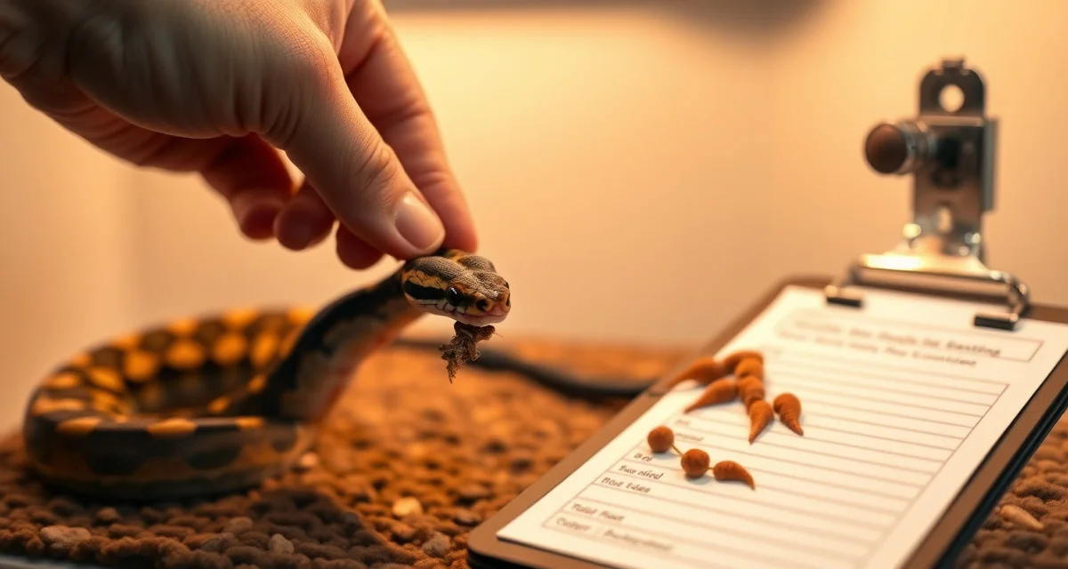 Professional hatchling feeding documentation for reptile breeders Reptile breeder documenting hatchling feeding records with young snake and properly-sized prey in controlled enclosure setup.
