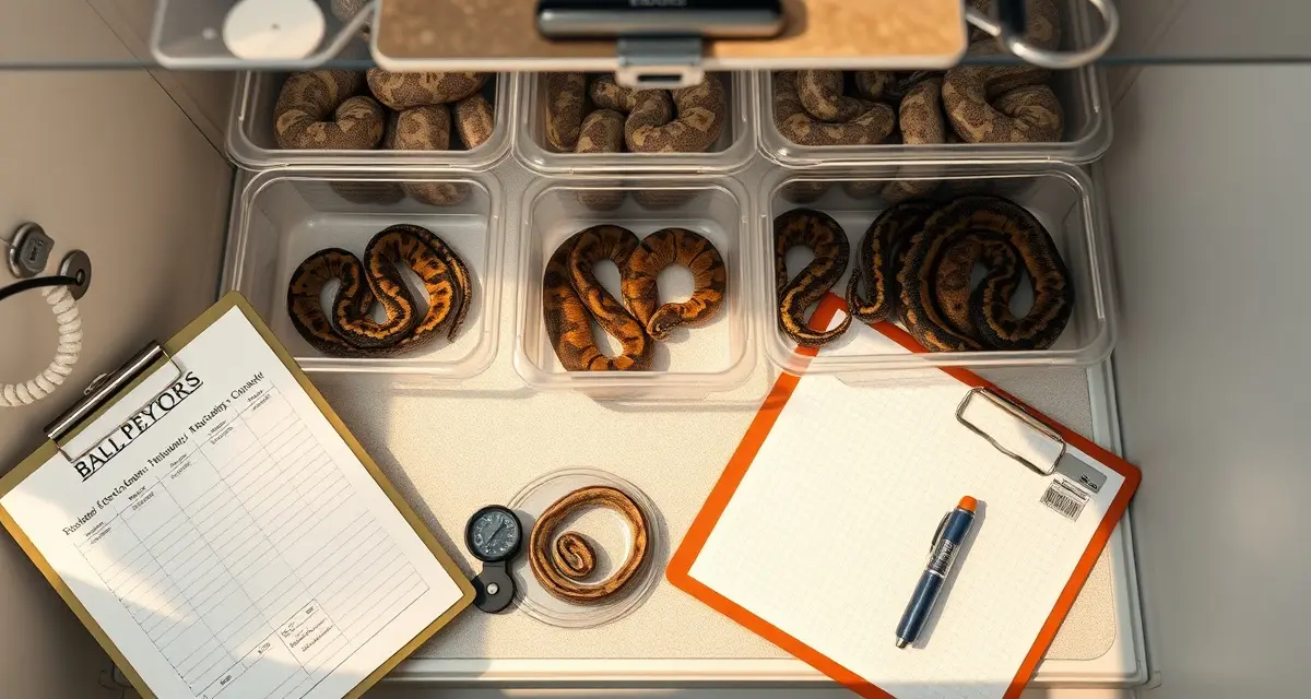Professional reptile breeding grow-out management Organized reptile hatchling grow-out tracking setup showing juvenile ball pythons in clear enclosures with monitoring equipment and detailed breeding records