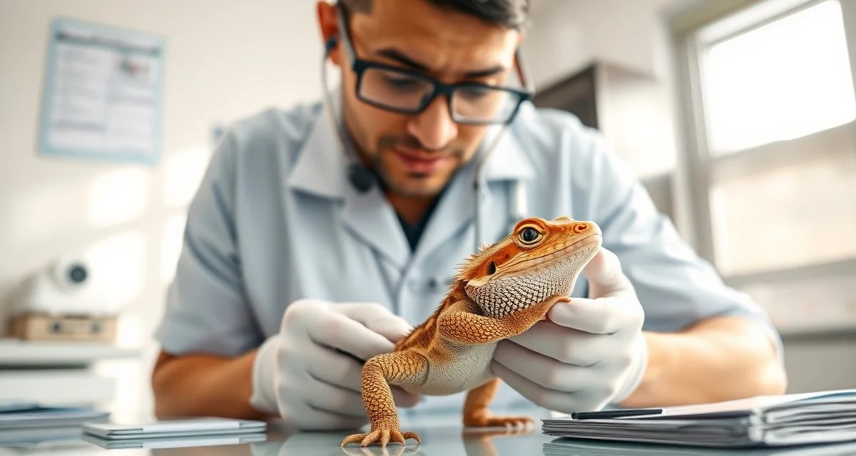 Professional veterinary health assessment and documentation Reptile veterinarian documenting health event during examination of bearded dragon with medical records visible
