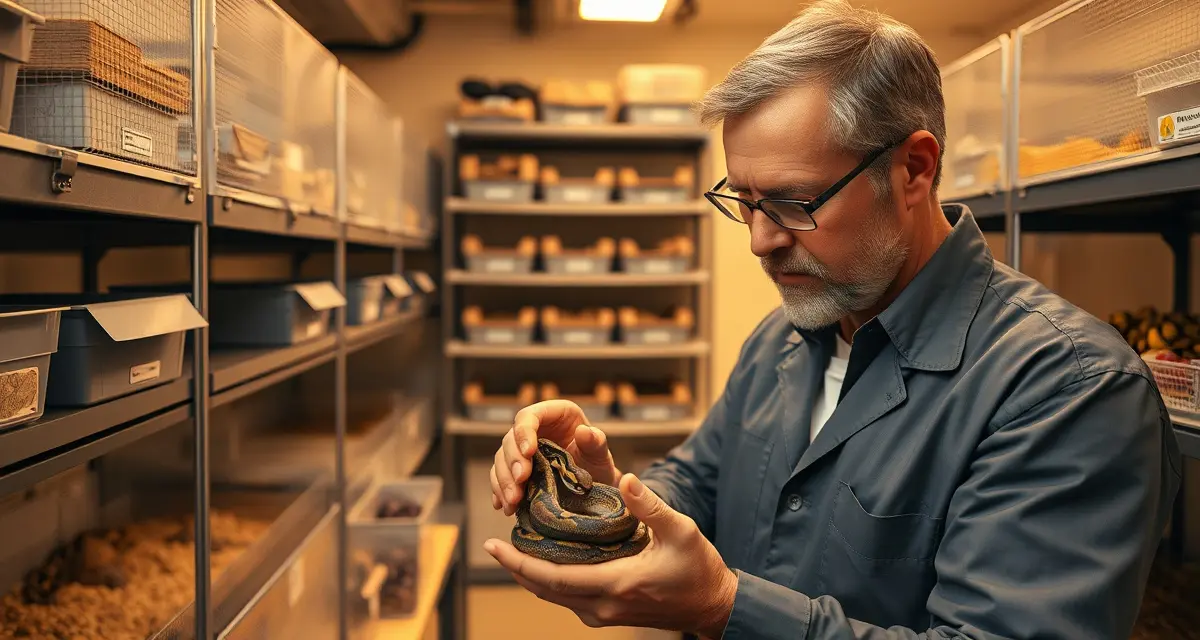 Strategic holdback selection for long-term reptile breeding programs Reptile breeder selecting holdback hatchlings from python clutch for breeding program retention decisions