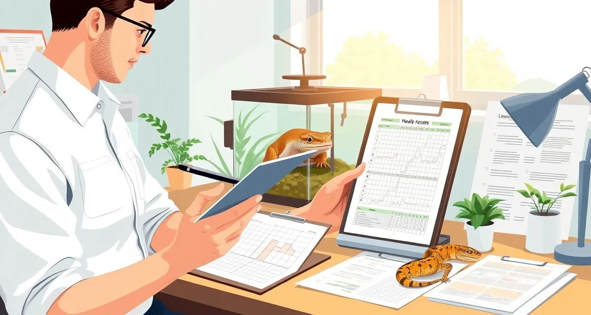 Comprehensive animal husbandry record keeping for reptile breeders Reptile breeder reviewing detailed husbandry records and animal care documentation for breeding program management.