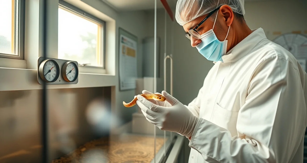 Professional quarantine setup for reptile breeding operations Reptile breeder performing quarantine tracking procedures on a snake in an isolated enclosure with biosecurity protocols