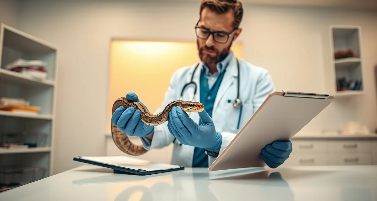 Professional reptile veterinary care for ball pythons Reptile veterinarian examining a ball python during a health checkup in a professional clinic setting.
