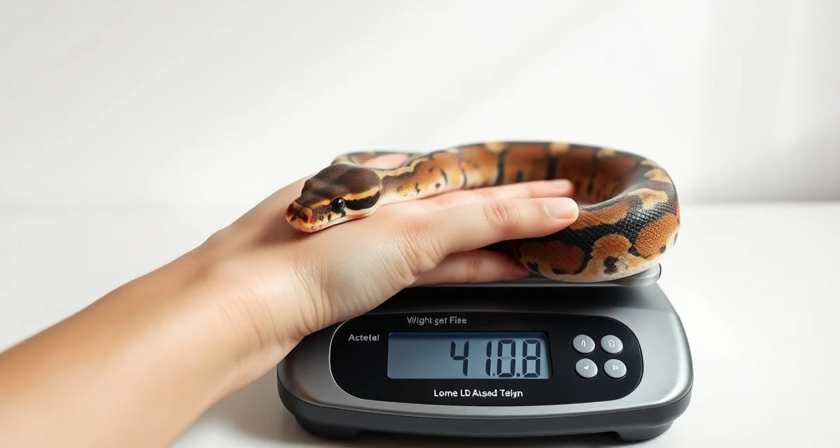 Professional reptile weighing technique for breeding condition assessment Ball python being weighed on a digital scale for reptile weight tracking and health monitoring
