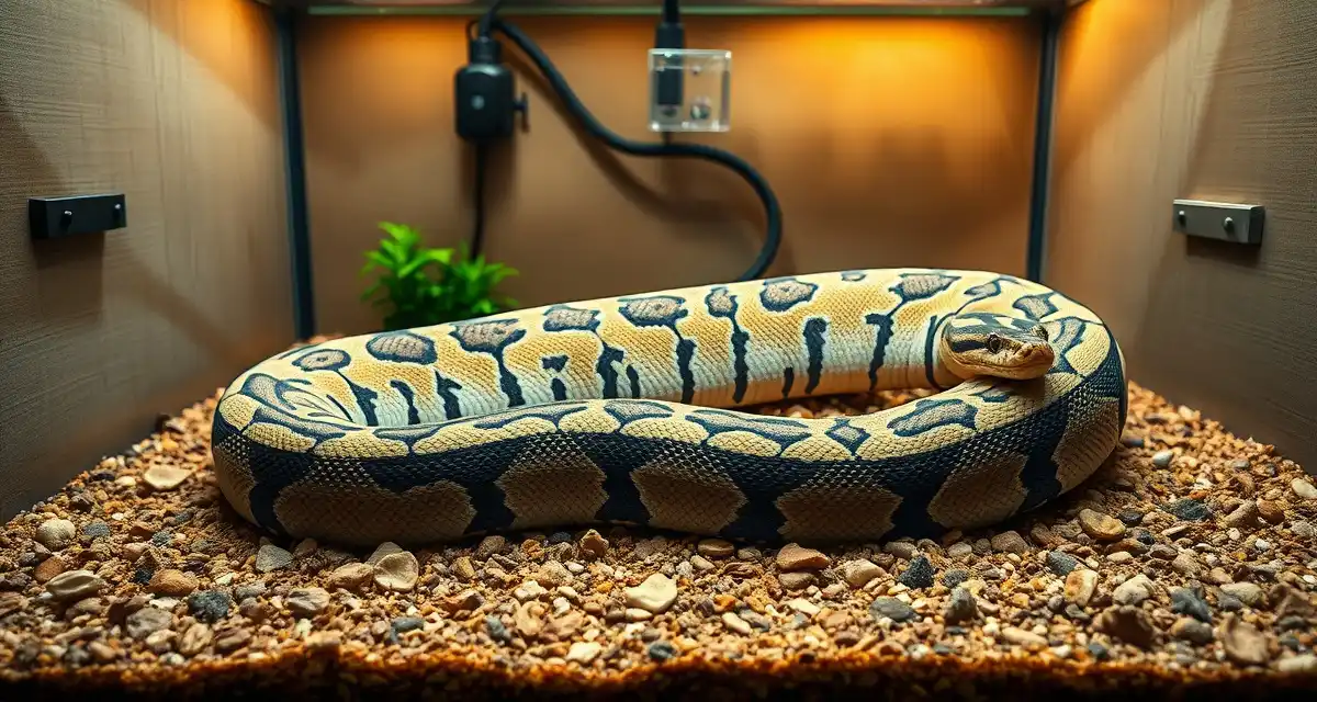 Retic Python Breeding Setup & Care Large reticulated python in properly designed breeding enclosure with temperature management setup for reptile hatchery operations