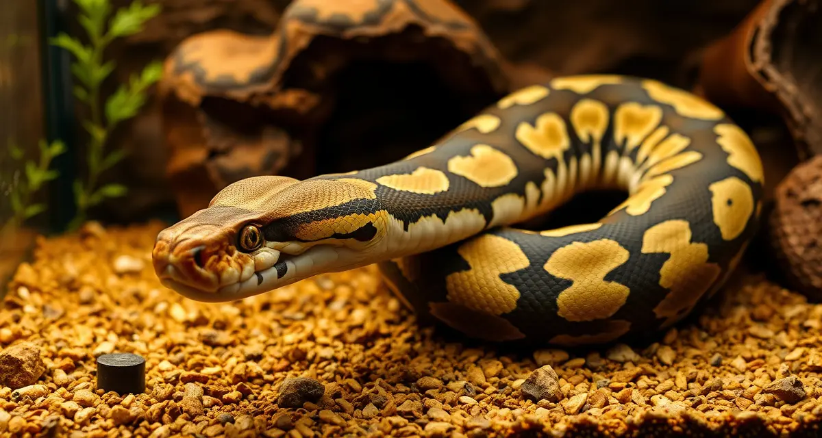 Reticulated Python Breeding Management Reticulated python displaying characteristic pattern in professional breeding enclosure setup designed for large constrictors.