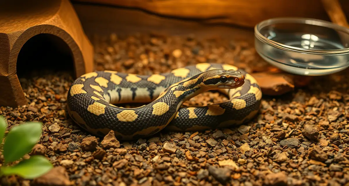 Professional reticulated python hatchling care setup and housing Reticulated python hatchling in a properly set up enclosure with substrate, hide, and water bowl for optimal neonatal care.